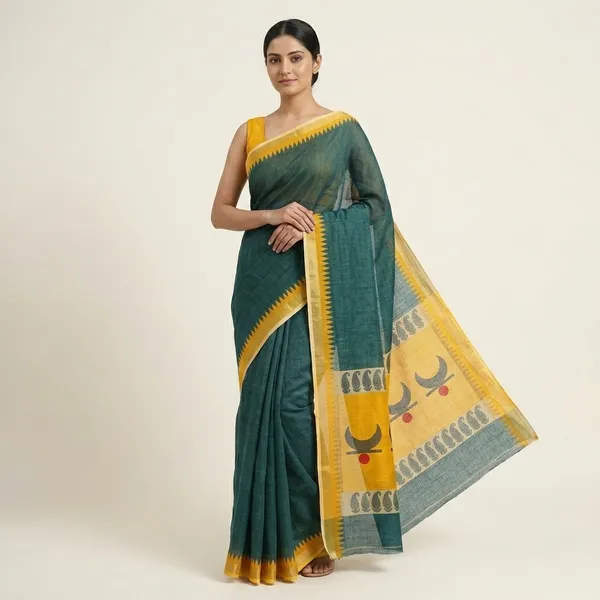Green_Linen_Temple_Border_Saree_With_Yellow_Blouse_For_Women