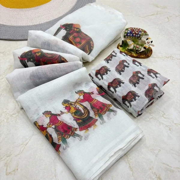 White_Linen_Elephant_Print_Traditional_Saree_With_Blouse_For_Women