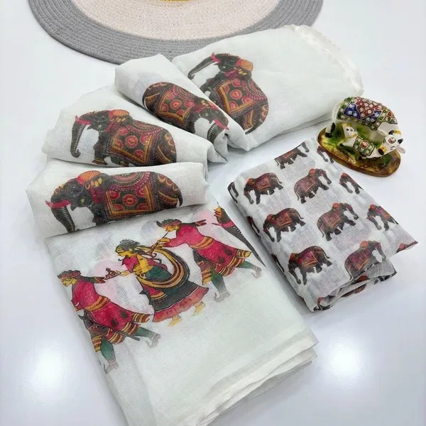 White_Linen_Elephant_Print_Traditional_Saree_With_Blouse_For_Women