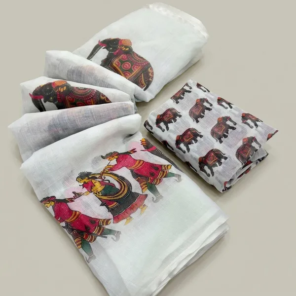 White_Linen_Elephant_Print_Traditional_Saree_With_Blouse_For_Women