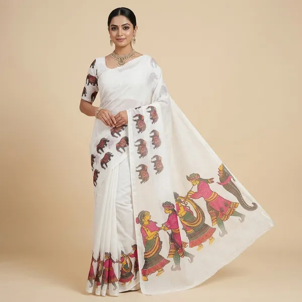 White_Linen_Elephant_Print_Traditional_Saree_With_Blouse_For_Women