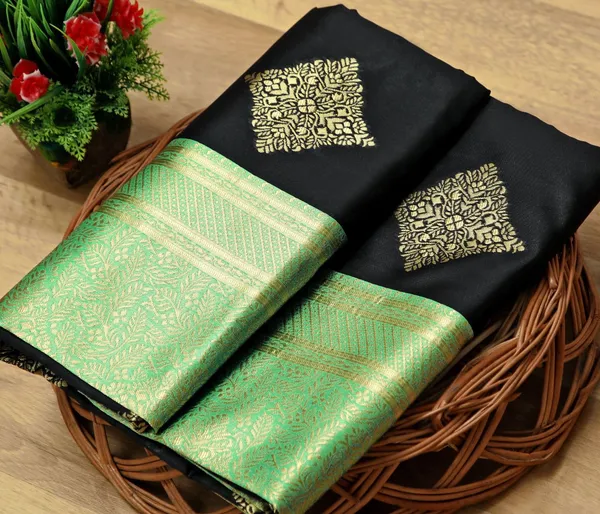 Black_And_Mint_Green_Soft_Silk_Saree_With_Unstitched_Blouse_For_Women