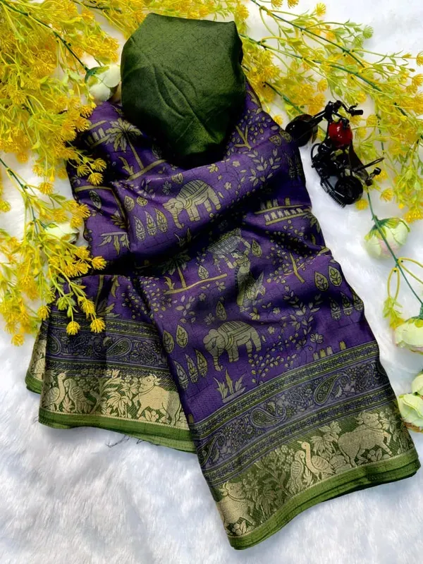 Blue_Dola_Kalamkari_Printed_Saree_With_Maroon_Zari_Border_lace_With_Blouse_Piece