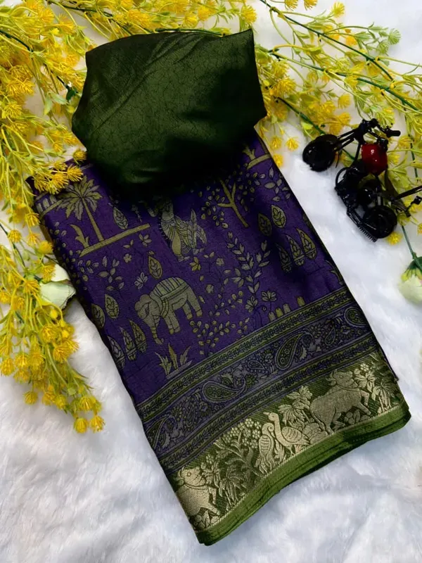 Blue_Dola_Kalamkari_Printed_Saree_With_Maroon_Zari_Border_lace_With_Blouse_Piece