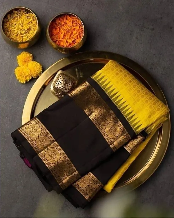 Yellow_Black_Soft_Silk_Saree_With_Unstitched_Blouse_For_Women