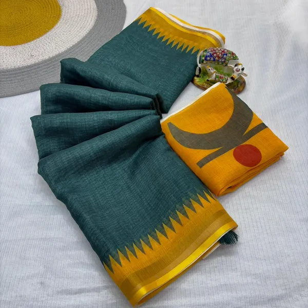 Green_Linen_Temple_Border_Saree_With_Yellow_Blouse_For_Women