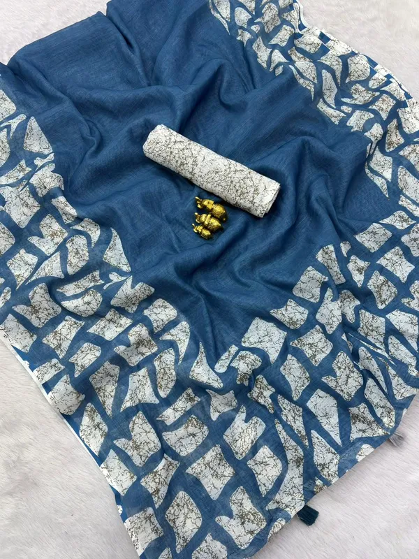 Blue_Linen_Batik_Print_Saree_With_Unstitched_Blouse_For_Women