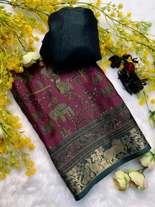 Maroon_Dola_Kalamkari_Printed_Saree_With_Maroon_Zari_Border_lace_With_Blouse_Piece