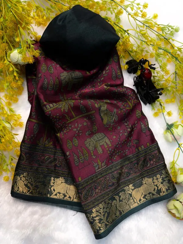 Maroon_Dola_Kalamkari_Printed_Saree_With_Maroon_Zari_Border_lace_With_Blouse_Piece