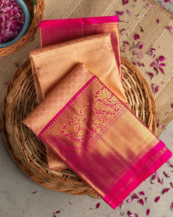 Peach_And_Rani_Pink_Soft_Silk_Saree_With_Unstitched_Blouse_For_Women