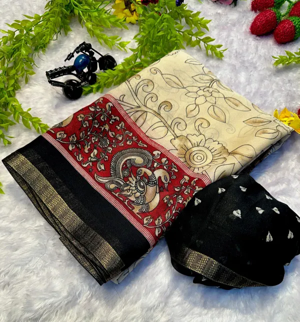 New_Black_Boarder_Off_White_Soft_Printed_Kalamkari_Designs_Marshmellow_With_Blouse_Piece