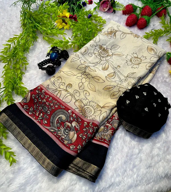 New_Black_Boarder_Off_White_Soft_Printed_Kalamkari_Designs_Marshmellow_With_Blouse_Piece