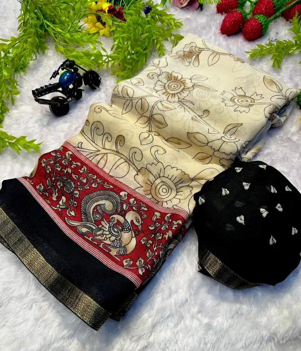 New_Black_Boarder_Off_White_Soft_Printed_Kalamkari_Designs_Marshmellow_With_Blouse_Piece