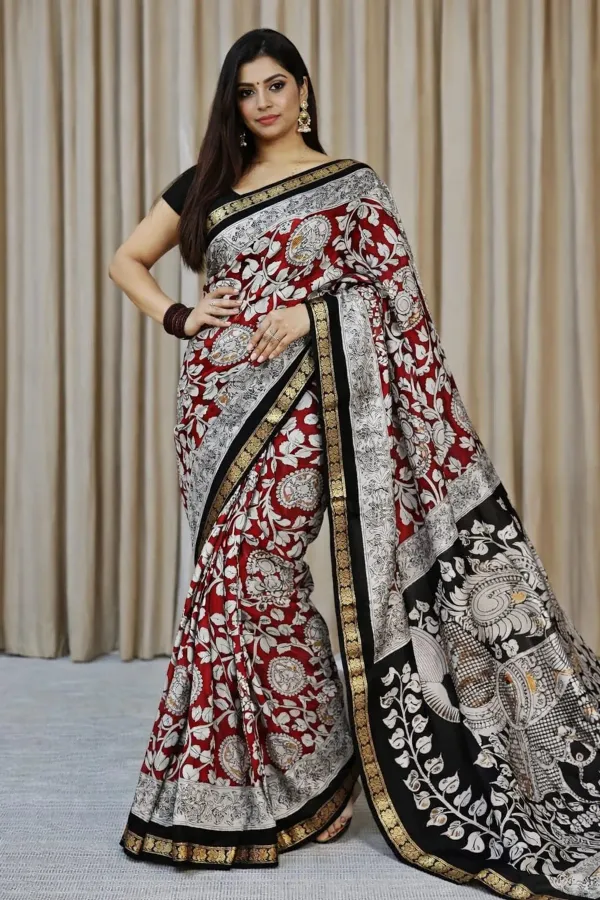 New_Pure_Red_Mangalkari_Silk_Print_And_Weaving_Work_Fancy_Designer_Festive_Wear_Saree_With_Blouse_Piece_For_Women_