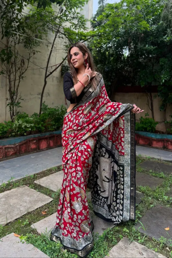 New_Pure_Red_Mangalkari_Silk_Print_And_Weaving_Work_Fancy_Designer_Festive_Wear_Saree_With_Blouse_Piece_For_Women_