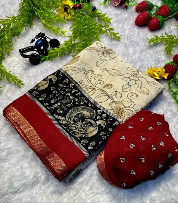 New_Red_Boarder_Off_White_Soft_Printed_Kalamkari_Designs_Marshmellow_With_Blouse_Piece