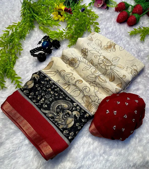 New_Red_Boarder_Off_White_Soft_Printed_Kalamkari_Designs_Marshmellow_With_Blouse_Piece