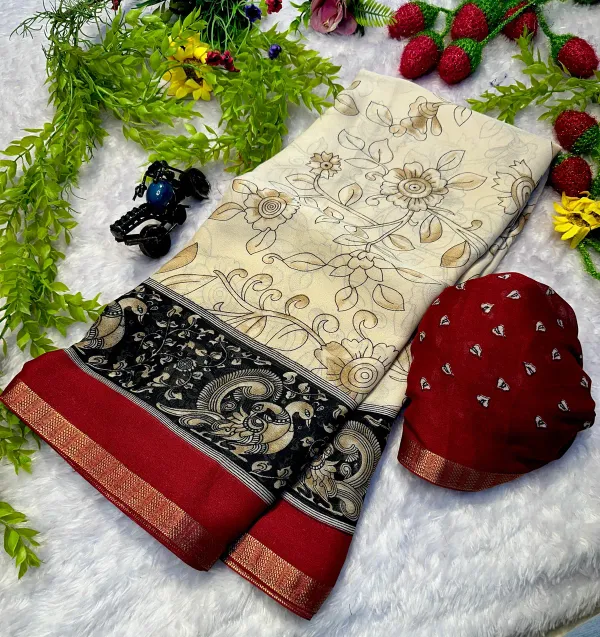 New_Red_Boarder_Off_White_Soft_Printed_Kalamkari_Designs_Marshmellow_With_Blouse_Piece