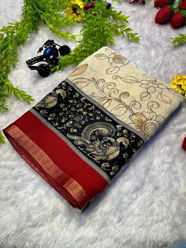 New_Red_Boarder_Off_White_Soft_Printed_Kalamkari_Designs_Marshmellow_With_Blouse_Piece