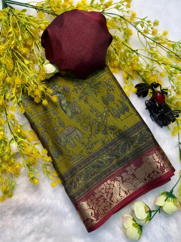 Olive_Green_Dola_Kalamkari_Printed_Saree_With_Maroon_Zari_Border_lace_With_Blouse_Piece