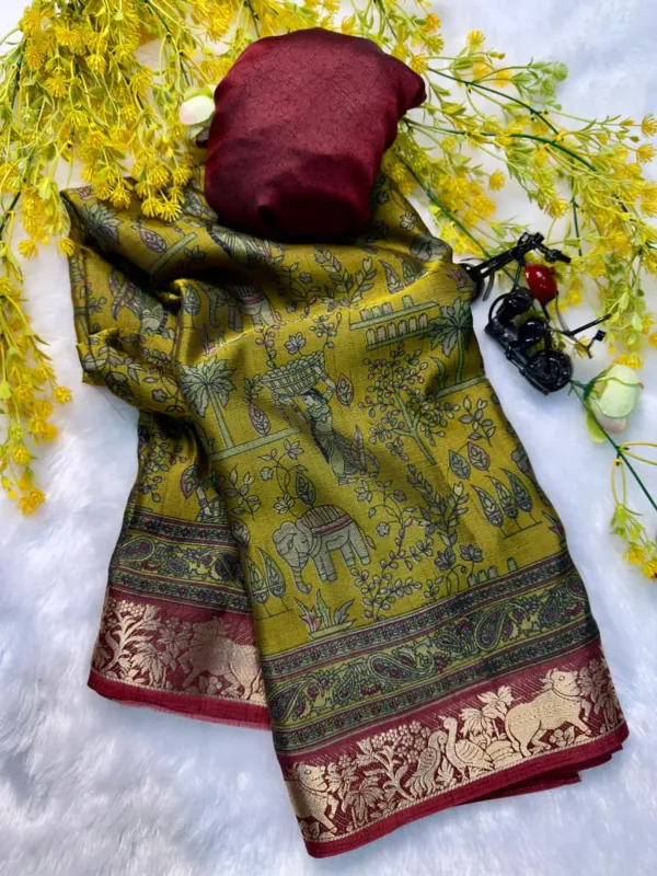 Olive_Green_Dola_Kalamkari_Printed_Saree_With_Maroon_Zari_Border_lace_With_Blouse_Piece