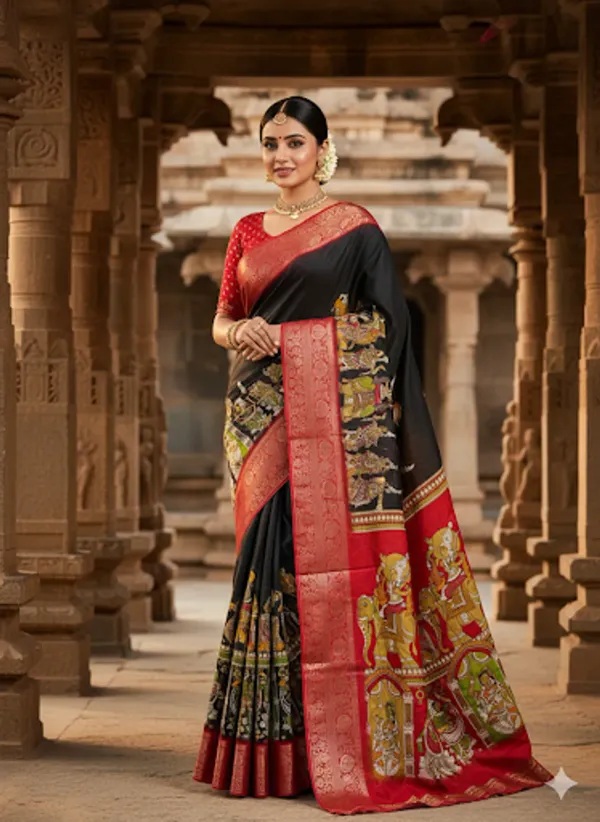 Premium_Black_&_Red_Designer_Saree_With_Elephant_&_Raja_Rani_Motifs_Marshmallow_With_Blouse_Piece