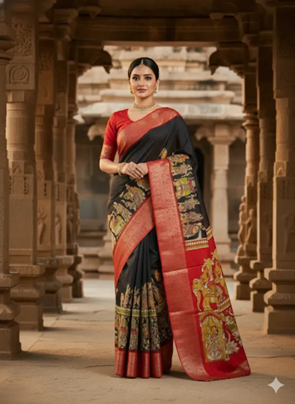 Premium_Black_&_Red_Designer_Saree_With_Elephant_&_Raja_Rani_Motifs_Marshmallow_With_Blouse_Piece