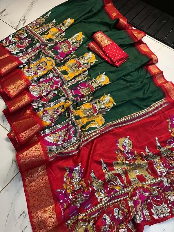Premium_Green_&_Red_Designer_Saree_With_Elephant_&_Raja_Rani_Motifs_Marshmallow_With_Blouse_Piece