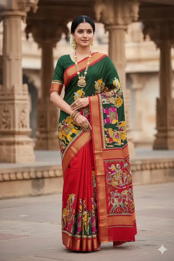 Premium_Green_&_Red_Designer_Saree_With_Elephant_&_Raja_Rani_Motifs_Marshmallow_With_Blouse_Piece