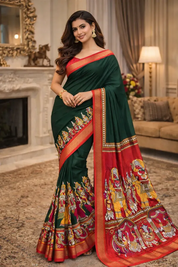 Premium_Green_&_Red_Designer_Saree_With_Elephant_&_Raja_Rani_Motifs_Marshmallow_With_Blouse_Piece