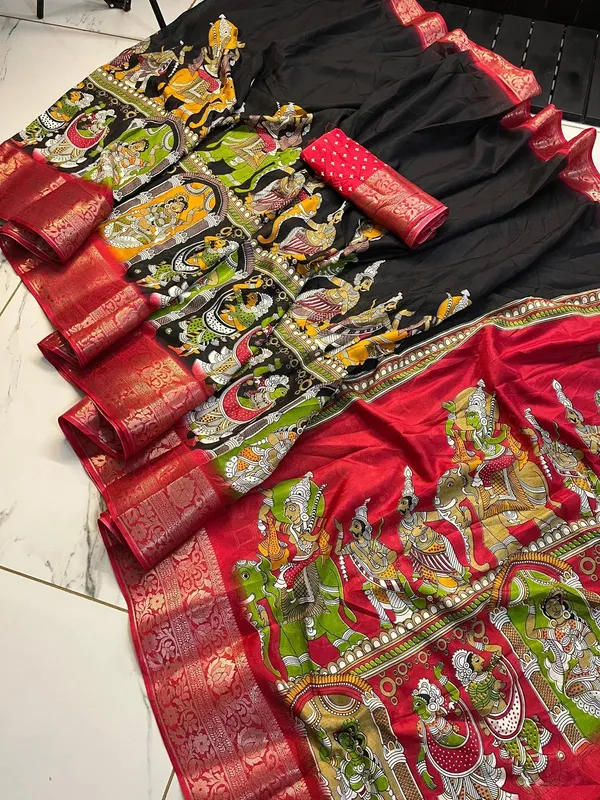 Premium_Black_&_Red_Designer_Saree_With_Elephant_&_Raja_Rani_Motifs_Marshmallow_With_Blouse_Piece