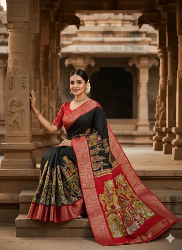 Premium_Black_&_Red_Designer_Saree_With_Elephant_&_Raja_Rani_Motifs_Marshmallow_With_Blouse_Piece