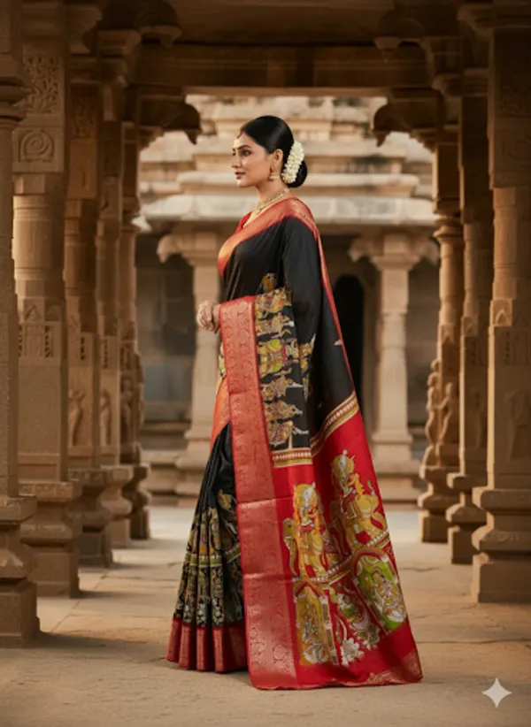 Premium_Black_&_Red_Designer_Saree_With_Elephant_&_Raja_Rani_Motifs_Marshmallow_With_Blouse_Piece