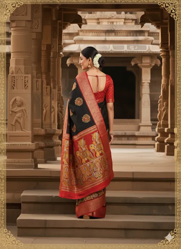 Premium_Black_&_Red_Designer_Saree_With_Elephant_&_Raja_Rani_Motifs_Marshmallow_With_Blouse_Piece