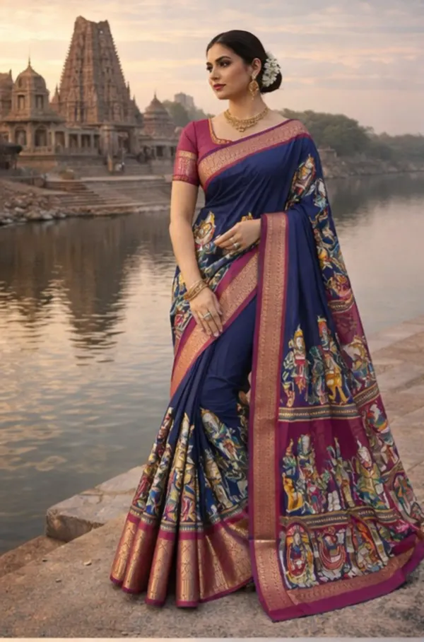 Premium_Blue_&_Maroon_Designer_Saree_With_Elephant_&_Raja_Rani_Motifs_Marshmallow_With_Blouse_Piece