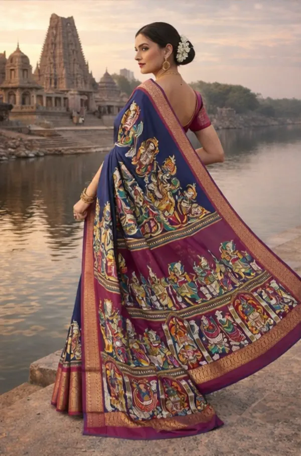 Premium_Blue_&_Maroon_Designer_Saree_With_Elephant_&_Raja_Rani_Motifs_Marshmallow_With_Blouse_Piece