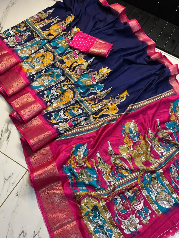 Premium_Blue_&_Maroon_Designer_Saree_With_Elephant_&_Raja_Rani_Motifs_Marshmallow_With_Blouse_Piece