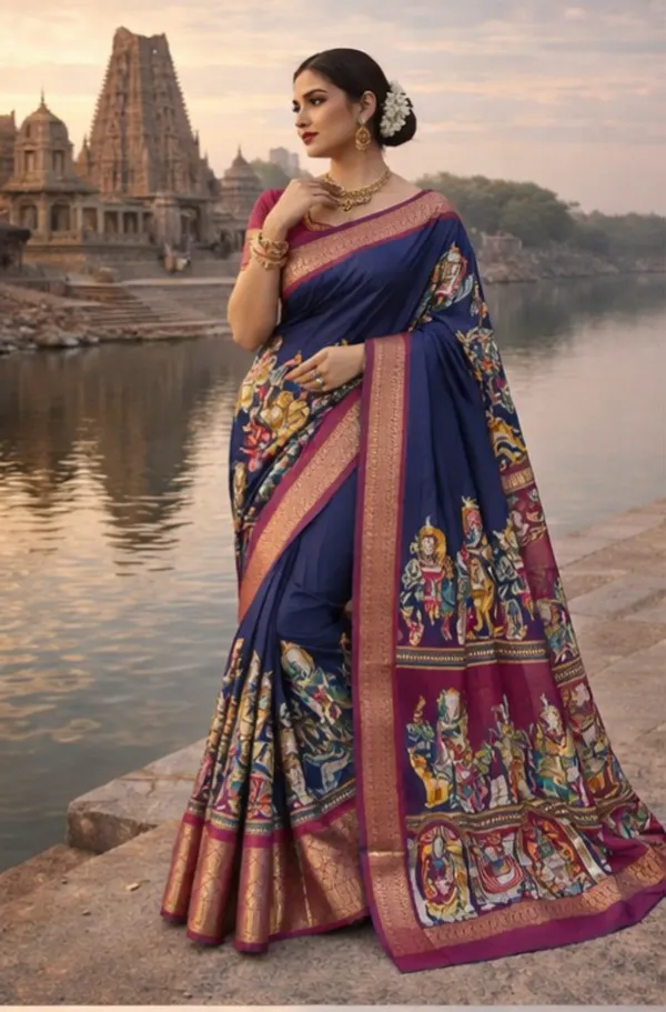 Premium_Blue_&_Maroon_Designer_Saree_With_Elephant_&_Raja_Rani_Motifs_Marshmallow_With_Blouse_Piece