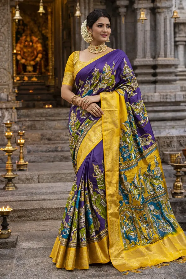 Premium_Blue_&_Yellow_Designer_Saree_With_Elephant_&_Raja_Rani_Motifs_Marshmallow_With_Blouse_Piece