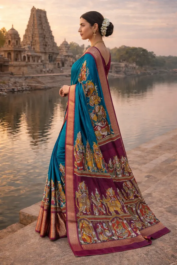 Premium_Rama_&_Maroon_Designer_Saree_With_Elephant_&_Raja_Rani_Motifs_Marshmallow_With_Blouse_Piece