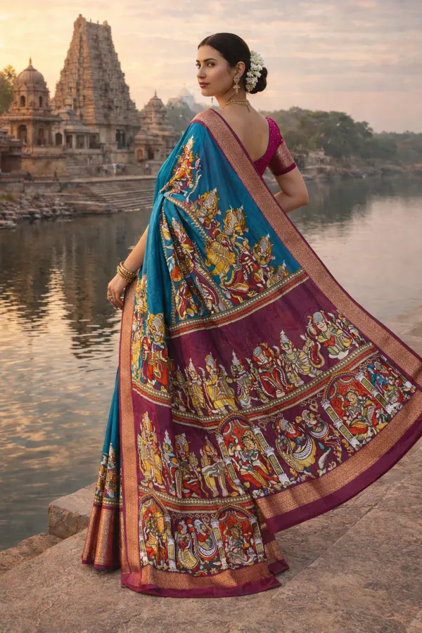 Premium_Rama_&_Maroon_Designer_Saree_With_Elephant_&_Raja_Rani_Motifs_Marshmallow_With_Blouse_Piece