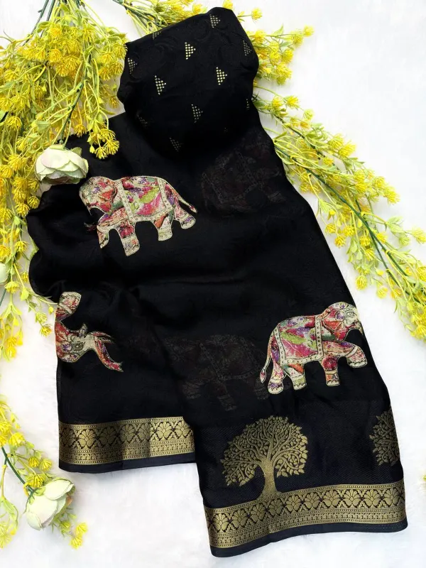 Premium_Black_Designer_Saree_With_Elephant_&_Tree_Motifs_Marshmallow_With_Blouse_Piece