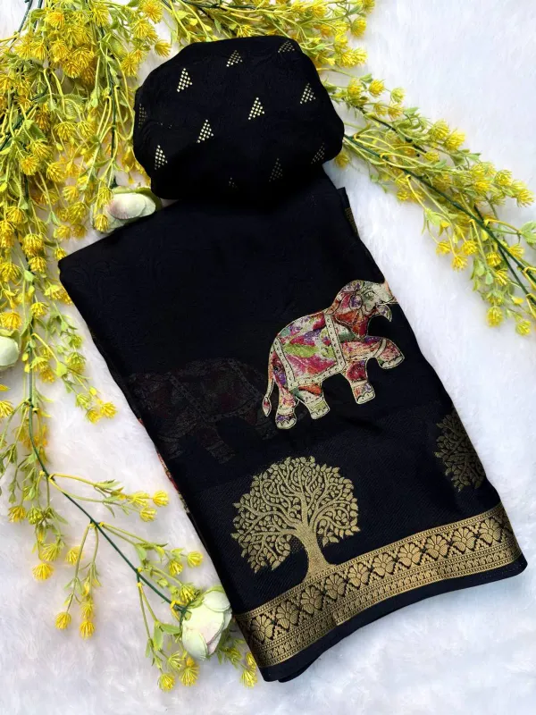 Premium_Black_Designer_Saree_With_Elephant_&_Tree_Motifs_Marshmallow_With_Blouse_Piece