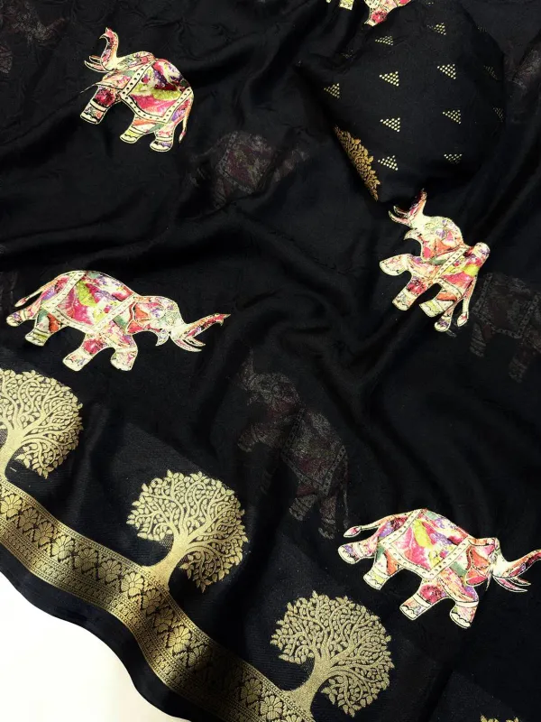 Premium_Black_Designer_Saree_With_Elephant_&_Tree_Motifs_Marshmallow_With_Blouse_Piece