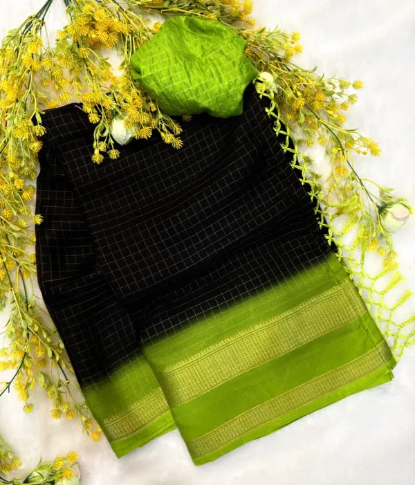 Primium_Marshmallow_Elegant_Black_&_Green__Gold_Border_With_Rich_Checked_Saree_For_Women