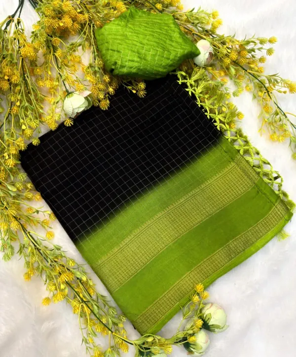 Primium_Marshmallow_Elegant_Black_&_Green__Gold_Border_With_Rich_Checked_Saree_For_Women