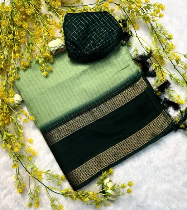 Primium_Marshmallow_Elegant_Olive_Green_&_Dark_Green__Gold_Border_With_Rich_Zari_Checked_Saree_For_Women