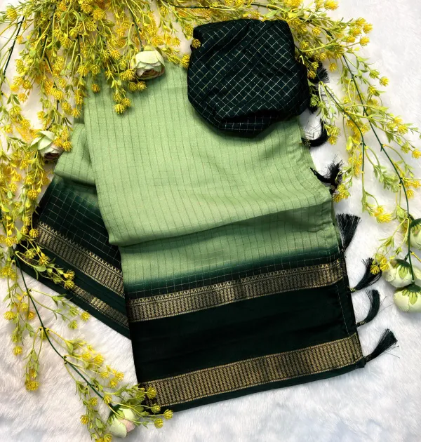 Primium_Marshmallow_Elegant_Olive_Green_&_Dark_Green__Gold_Border_With_Rich_Zari_Checked_Saree_For_Women