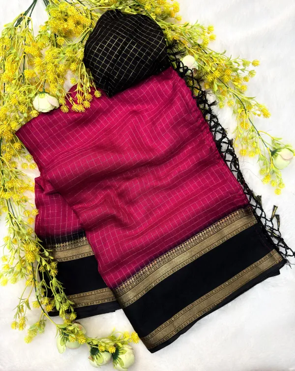 Primium_Marshmallow_Elegant_Wine_&_Black_With_Rich_Gold_Border_Checked_Saree_For_Women