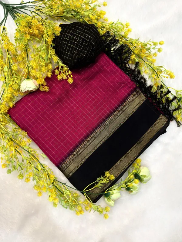Primium_Marshmallow_Elegant_Wine_&_Black_With_Rich_Gold_Border_Checked_Saree_For_Women